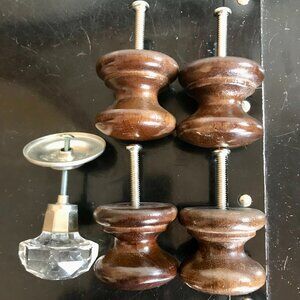 Lot of 5 Vintage Drawer Pull Knob Handles Wood & Glass Salvaged Used